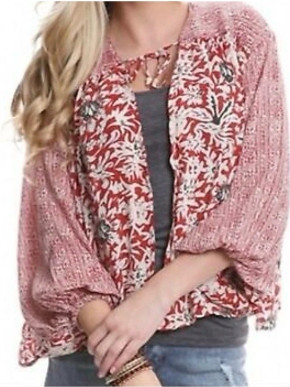 NWOT Free People Sheila's Floral Kimono Lace Tie Open Blouse Mixed print Sz  XS